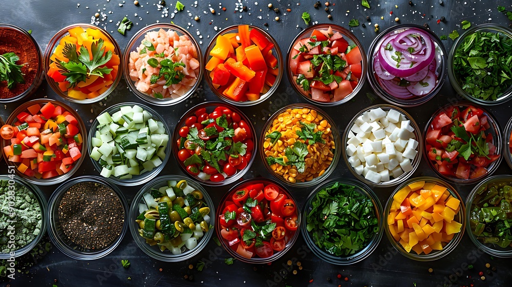 An array of colorful, freshly chopped vegetables and herbs in glass bowls, arranged on a dark surface ideal for cooking blogs, recipe books, meal prep visuals, and healthy eating promotions, An array of colorful, freshly chopped vegetables and herbs in glass bowls, arranged on a dark surface ideal for cooking blogs, recipe books, meal prep visuals, and healthy eating promotions,