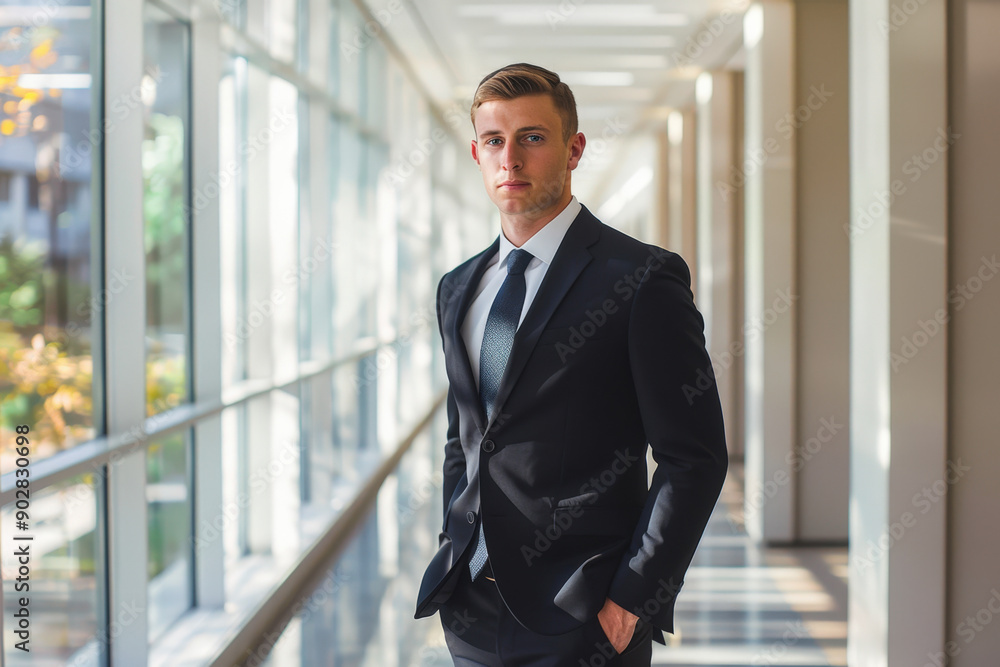 Young businessman is standing in the hallway of a modern office building with his hands in his pockets Young businessman is standing in the hallway of a modern office building with his hands in his pockets