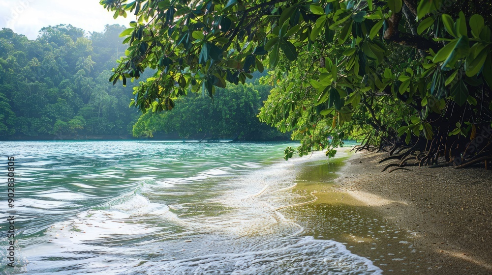 A lagoon with gentle waves lapping at the shore, surrounded by lush greenery. A lagoon with gentle waves lapping at the shore, surrounded by lush greenery.