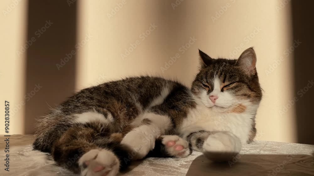 The European spotted cat is lying at home and resting in front of the window. High quality 4k footage The European spotted cat is lying at home and resting in front of the window. High quality 4k footage