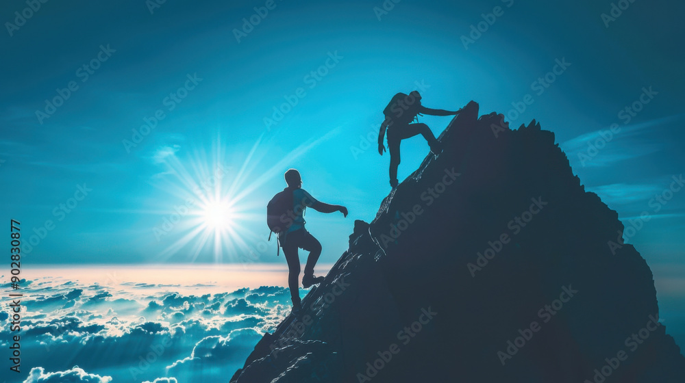 Two climbers silhouetted against a bright sun ascend a mountain peak, capturing the essence of determination and adventure. Two climbers silhouetted against a bright sun ascend a mountain peak, capturing the essence of determination and adventure.