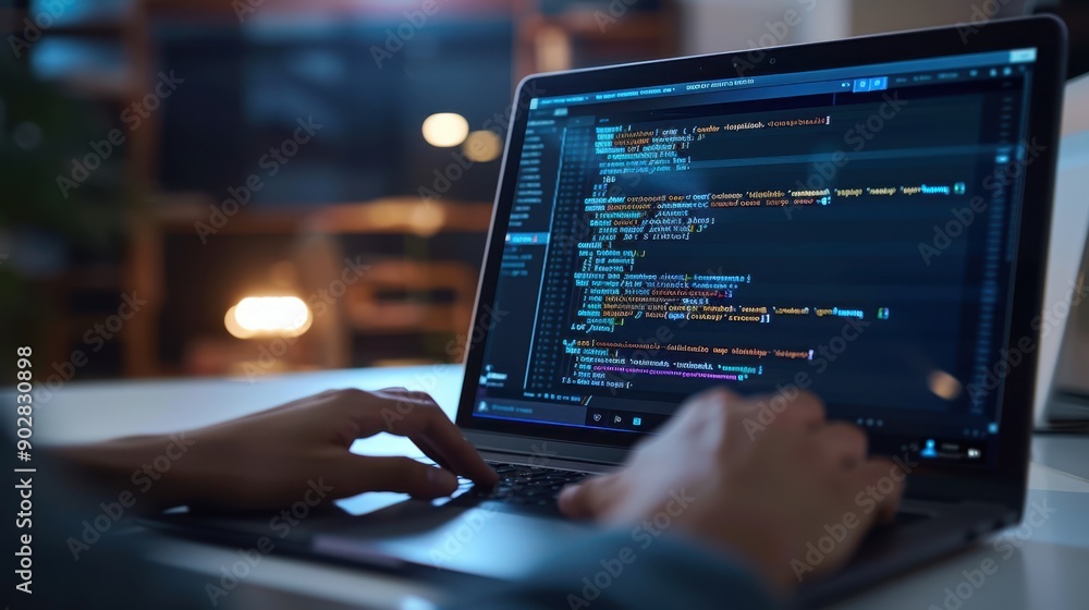 The laptop with coding screen