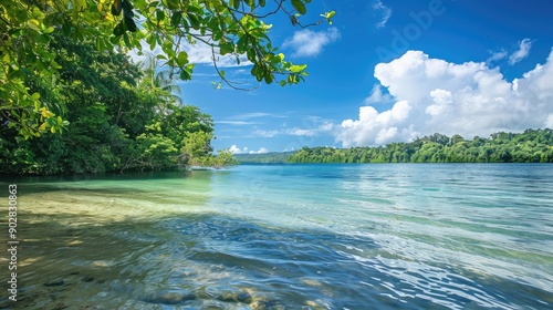A lagoon with gentle waves lapping at the shore, surrounded by lush greenery.