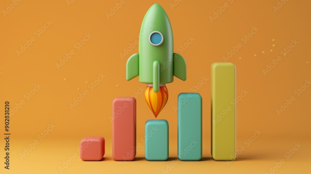 business growth, 3d bar chart on the left, little green rocket flying upward on the right, 16:9 business growth, 3d bar chart on the left, little green rocket flying upward on the right, 16:9