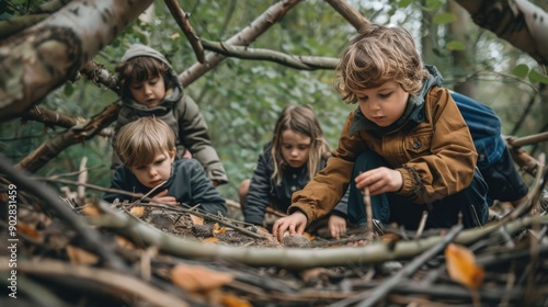 Curious children working together to build a rustic natural fort using branches leaves and other materials found in the lush forested park setting  The scene captures a joyful photo