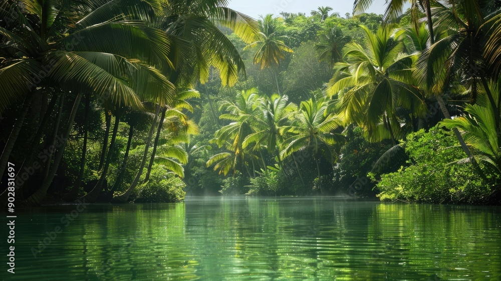 A lush, green lagoon with tall palm trees swaying gently in the breeze. A lush, green lagoon with tall palm trees swaying gently in the breeze.