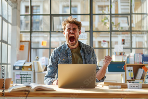 Furious male freelancer working from home office is having problems with his work on laptop and screaming desperately