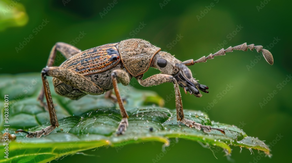 Fototapeta premium A macro shot of a weevil on a leaf, showing its elongated snout.