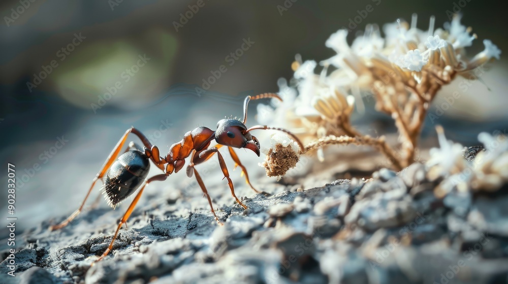 A macro shot of an ant carrying a food crumb back to its nest. A macro shot of an ant carrying a food crumb back to its nest.