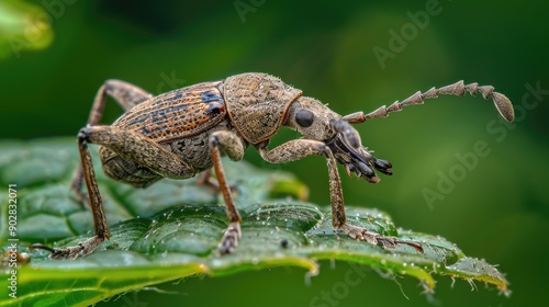 A macro shot of a weevil on a leaf, showing its elongated snout.