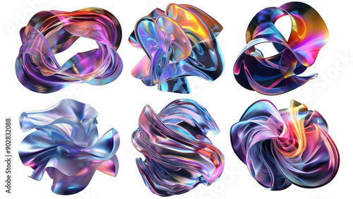 Bold holographic liquid metal shapes set isolated. Iridescent wavy melted substance