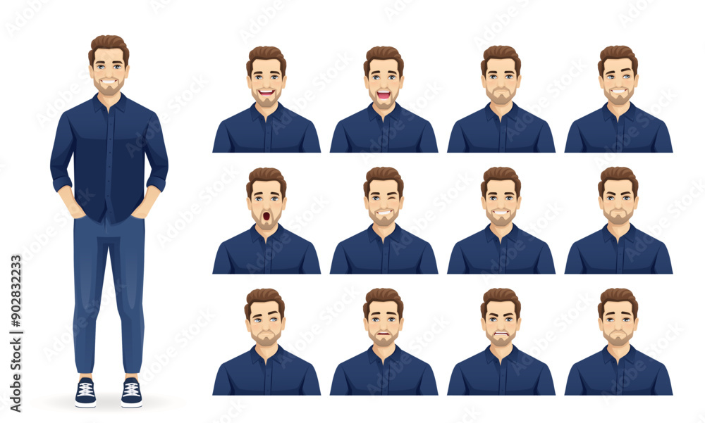 Set of young handsome man wearing blue shirt and jeans with different facial expressions vector illustration isolated Set of young handsome man wearing blue shirt and jeans with different facial expressions vector illustration isolated
