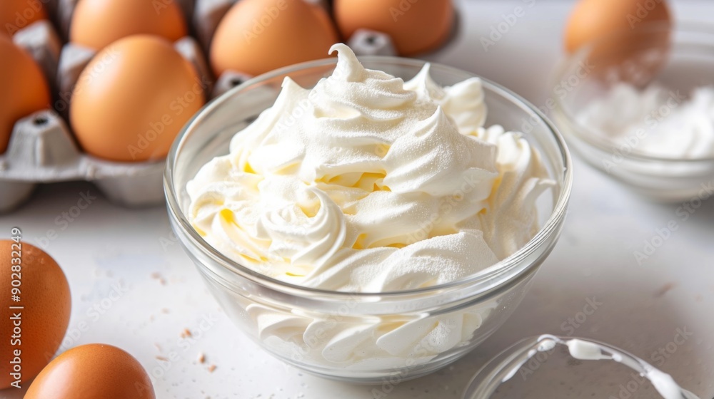 A bowl of perfectly whipped egg whites with stiff peaks