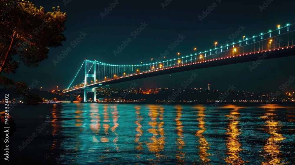 Fototapeta premium A majestic bridge lit up at night.