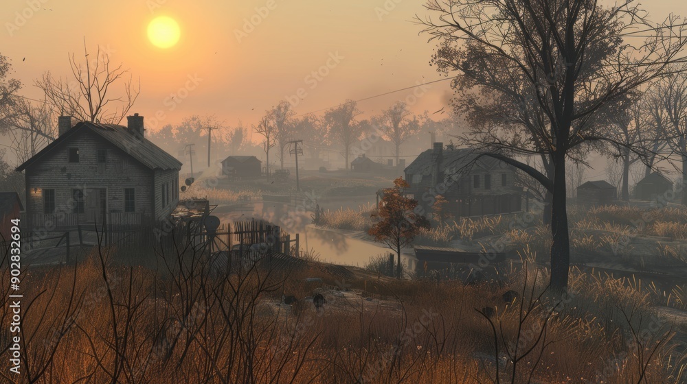 A desolate landscape with a small house and a tree in the foreground A desolate landscape with a small house and a tree in the foreground