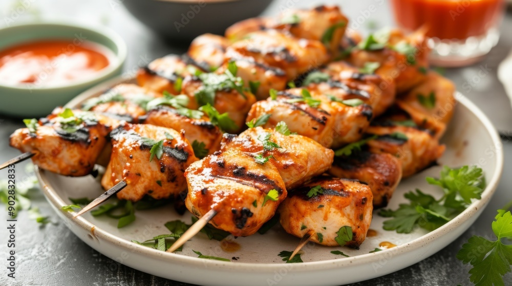 A plate of perfectly grilled chicken skewers A plate of perfectly grilled chicken skewers