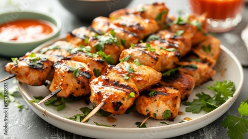 A plate of perfectly grilled chicken skewers