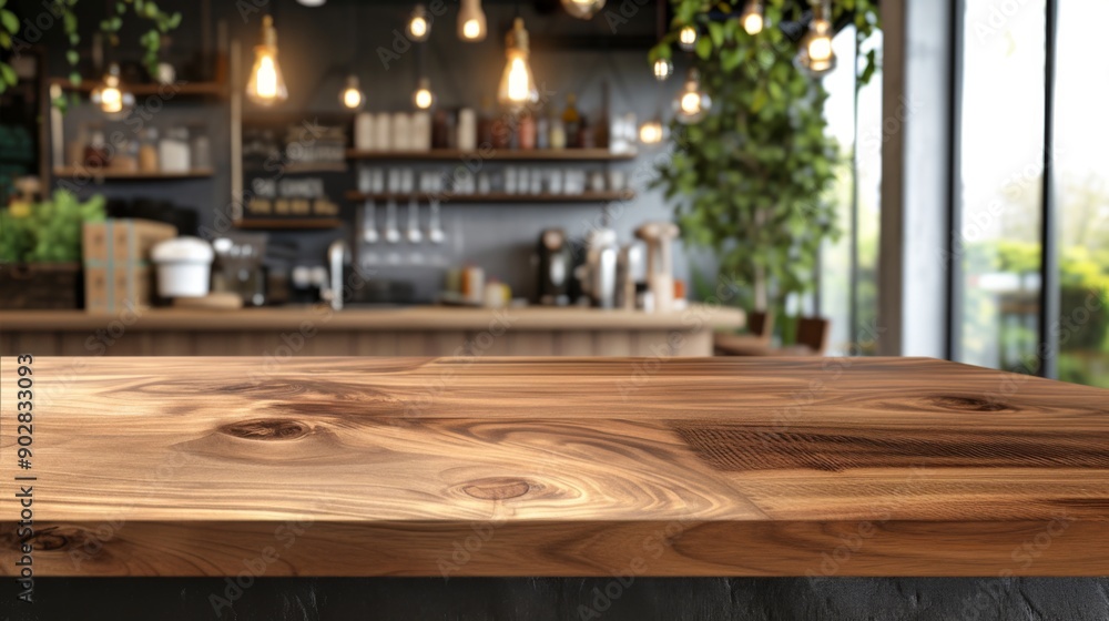 A smooth wooden tabletop with a warm, natural grain, set against a blurred background A smooth wooden tabletop with a warm, natural grain, set against a blurred background