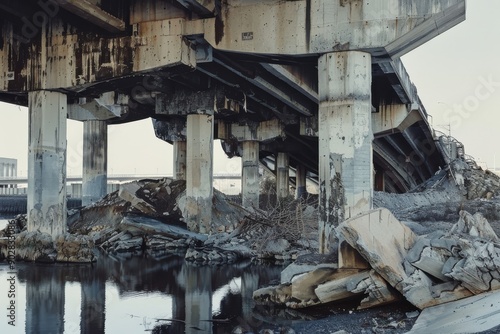 A bridge has been destroyed and is now a pile of rubble