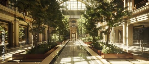 A large, open space with a long walkway lined with trees and benches