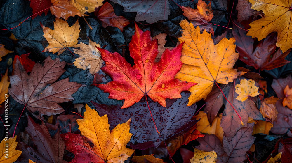 A vibrant maple leaf with red and orange hues lying among other autumn leaves, showcasing the rich colors and textures of fall. A vibrant maple leaf with red and orange hues lying among other autumn leaves, showcasing the rich colors and textures of fall.