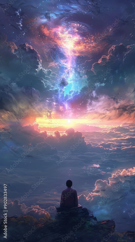 A person is sitting on a rock in front of a beautiful, colorful sky A person is sitting on a rock in front of a beautiful, colorful sky