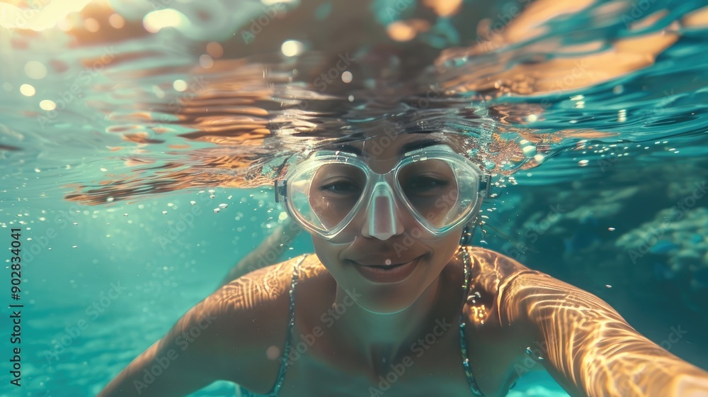 Naklejka premium Young Woman Diving Underwater in the Sea on a Sunny Day