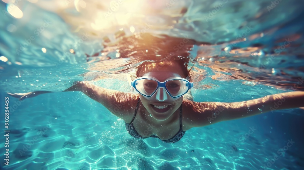 Fototapeta premium Young Woman Diving Underwater in the Sea on a Sunny Day