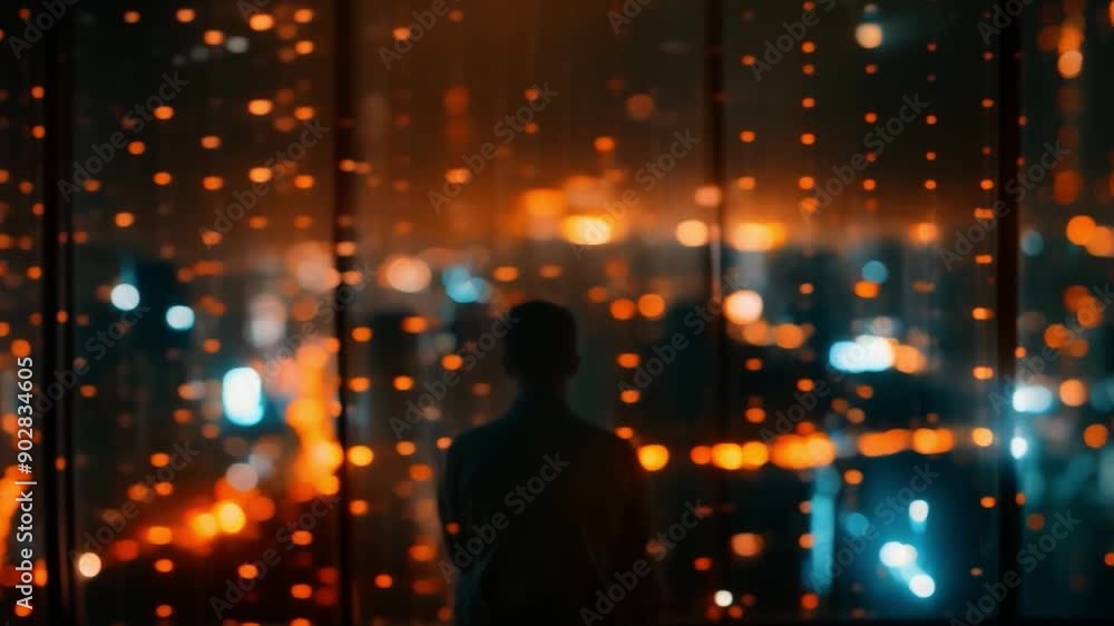 This person gazes thoughtfully at a vibrant city skyline at night. This person gazes thoughtfully at a vibrant city skyline at night.