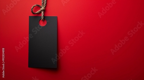 Striking contrast: black price tag suspended by twine against vibrant red background. Minimalist composition perfect for sales, retail, or marketing designs.Friday and kiber monday concept photo