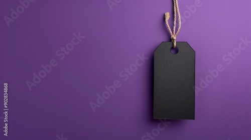 Minimalist black price tag hanging by twine against vibrant purple background, creating stark contrast and evoking simplicity in retail design concept.Friday and kiber monday concept photo