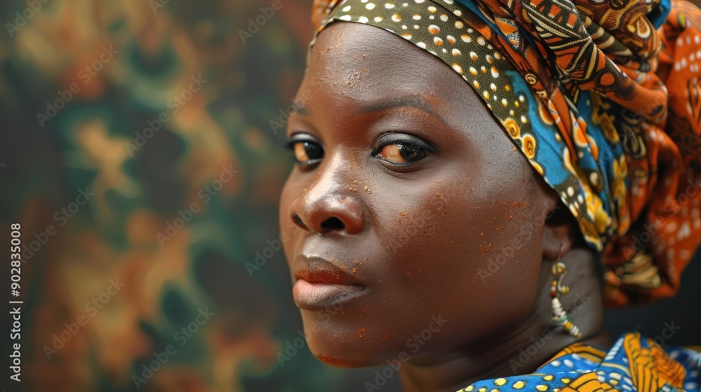Fototapeta premium A Yoruba woman poses proudly while showcasing her vibrant traditional attire in Nigeria