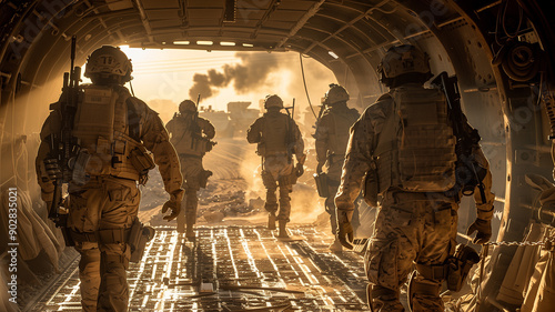 Soldiers disembarking from a military aircraft photo