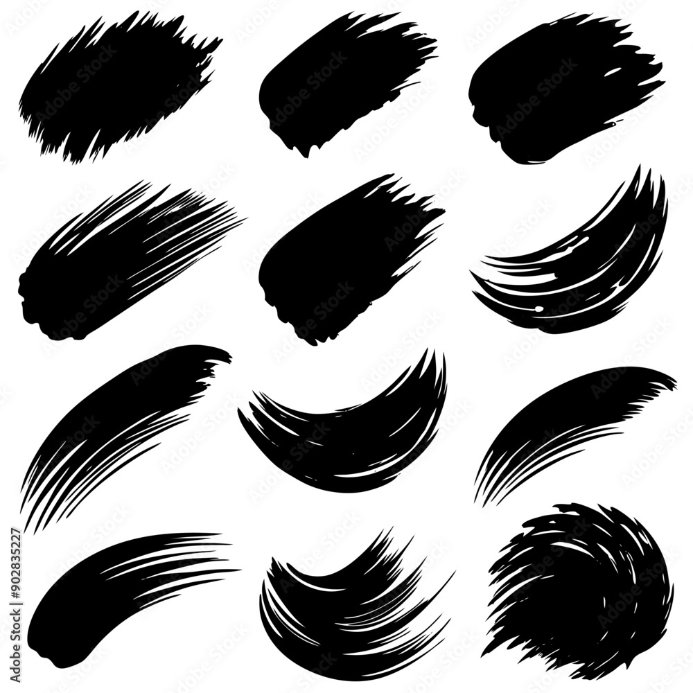 Fototapeta premium A collection of black brush strokes set against a plain white background