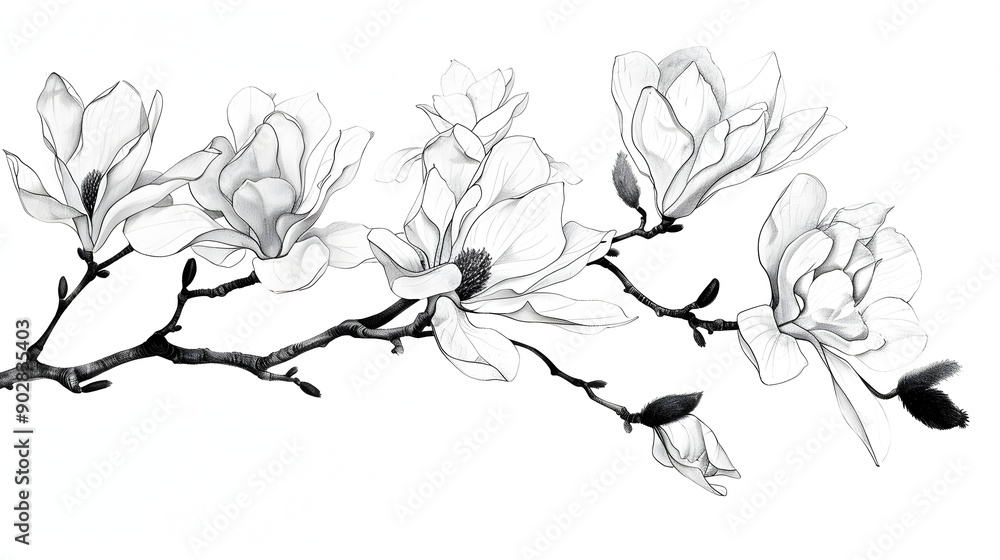Fototapeta premium Elegant Magnolia Blossoms on Delicate Spring Branches in Monochrome Portrayal