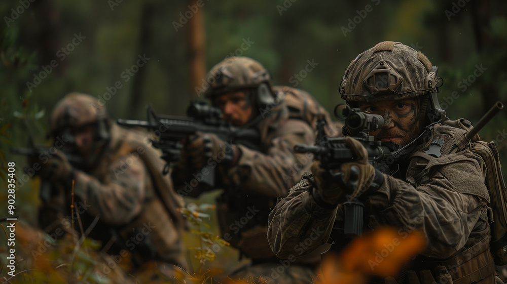 Military Soldiers in Camouflage with Rifles in Forest Military Soldiers in Camouflage with Rifles in Forest