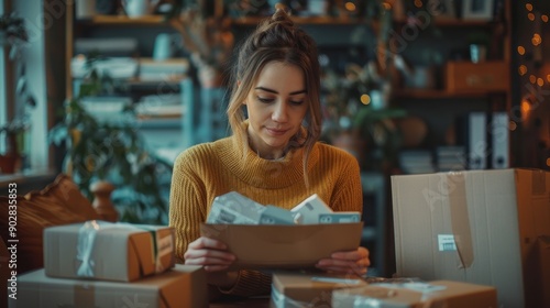 Woman in Cozy Sweater Unpacking Assorted Packages at Home During Evening Hours © zainab