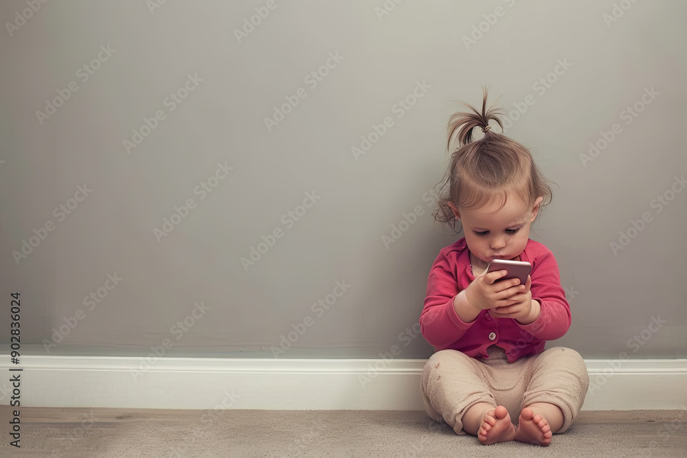 Naklejka premium Baby using mobile phone, screen addiction smart device problems, text texting infant, babies people toddler, generated ai