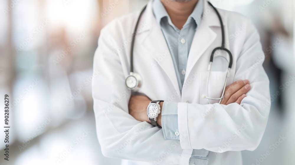 Confident Doctor Standing in Front of Hospital Building with Copy Space for Healthcare Concept. Confident Doctor Standing in Front of Hospital Building with Copy Space for Healthcare Concept.