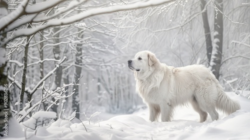 A beautiful Great Pyrenees with its thick white coat, standing in a snowy forest.