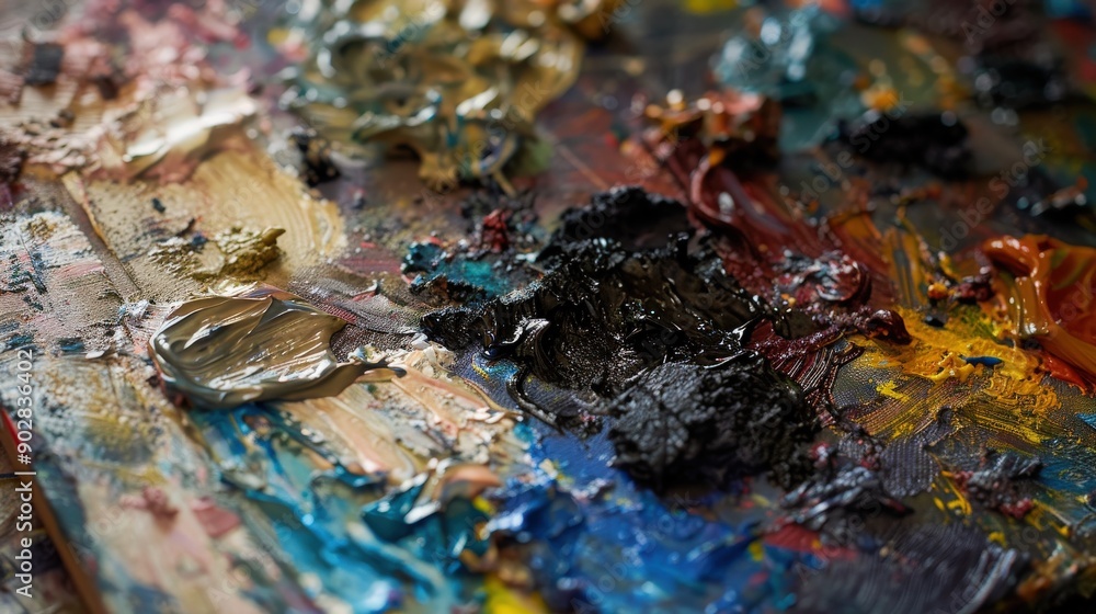 A close-up of an artist's palette showcases a mix of vibrant paints, highlighting the creativity and colors used in a recent artwork A close-up of an artist's palette showcases a mix of vibrant paints, highlighting the creativity and colors used in a recent artwork