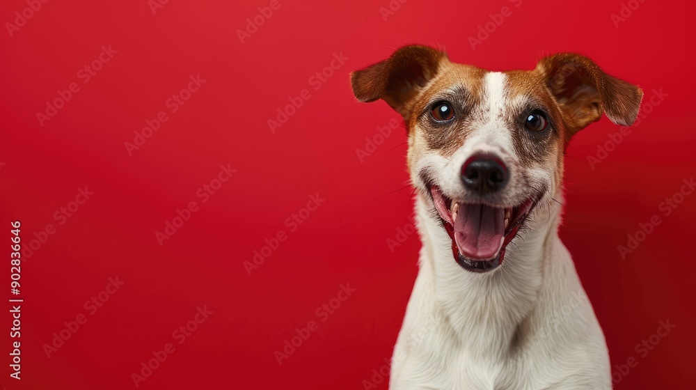 Happy dog with a big smile on a solid red background, offering clear copy space around the image. Happy dog with a big smile on a solid red background, offering clear copy space around the image.