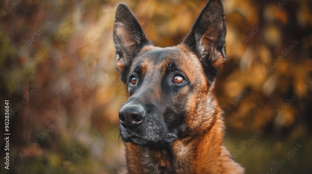 Fototapeta premium A close-up of a Belgian Malinois with its alert and intelligent expression, standing in a yard.