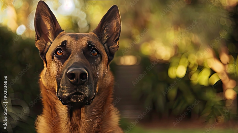 A close-up of a Belgian Malinois with its alert and intelligent expression, standing in a yard. A close-up of a Belgian Malinois with its alert and intelligent expression, standing in a yard.