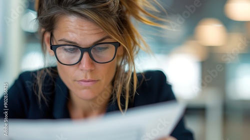 Confident Businesswoman Examining Financial Reports in Bank Office with Meticulous Attention to Detail