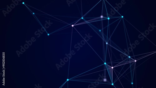 Wave connection of colored lines and dots in space. Abstract digital background of big data transmission algorithms. Network connections.3d rendering. Seamless loop.