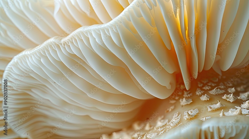 A close-up of the underside of a mushroom, showing its gills and stem. A close-up of the underside of a mushroom, showing its gills and stem.