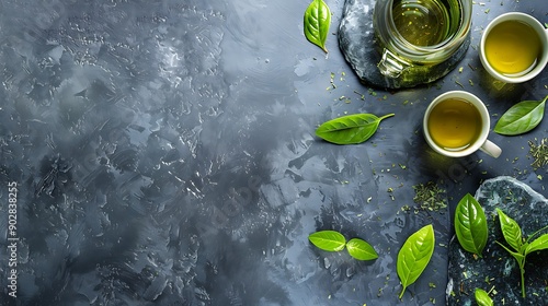 Green tea on stone table top view with copy space