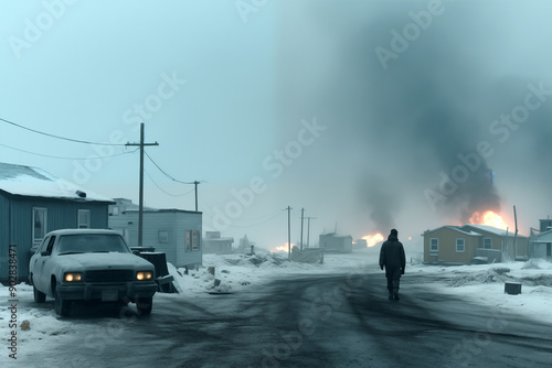 Cold and Snowy Landscape with Fires on the Side