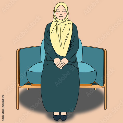 An illustration of a modest hijab woman sits on a blue chair with her hands on her lap.